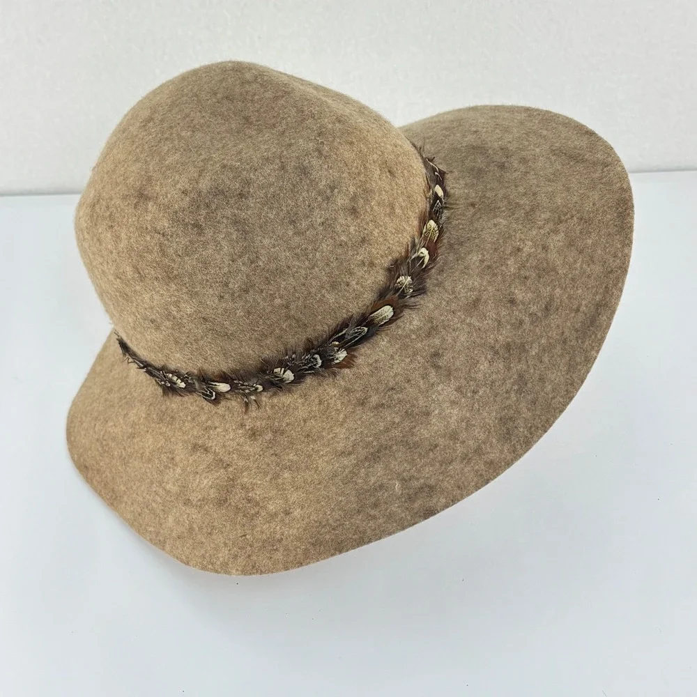 Boho Wide Brim Floppy Sun Hat Wool Feather Trim Winter Western Neutral Women OS